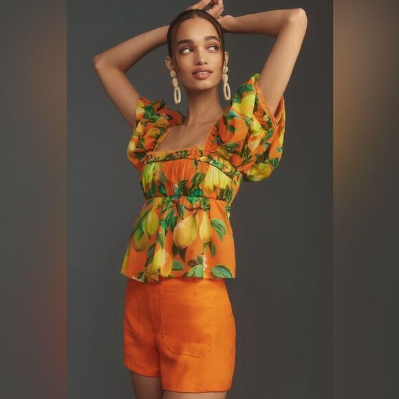Farm Rio x Anthropologie Orange Chic Pears Short-Sleeve Blouse Size Medium - Picture 1 of 3